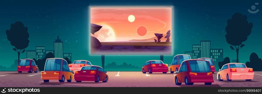 Outdoor cinema, drive-in movie theater with cars on open air parking. Vector cartoon summer night city with fantastic film on screen and automobiles. Urban entertainment, film festival. Drive-in movie theater with cars, open air cinema