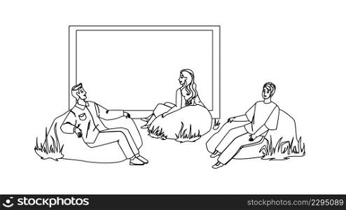 Outdoor Cinema Movie Enjoy People Together Black Line Pencil Drawing Vector. Men And Women Sitting In Soft Armchair And Watching Film In Outdoor Cinema. Character Resting Leisure Time Outside. Outdoor Cinema Movie Enjoy People Together Vector