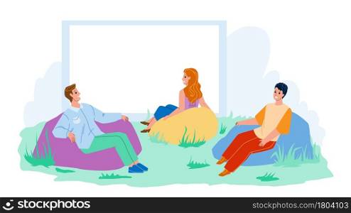 Outdoor Cinema Movie Enjoy People Together Vector. Men And Women Sitting In Soft Armchair And Watching Film In Outdoor Cinema. Character Resting Leisure Time Outside Flat Cartoon Illustration. Outdoor Cinema Movie Enjoy People Together Vector