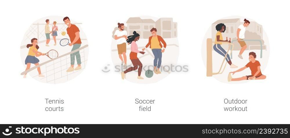 Outdoor common facilities isolated cartoon vector illustration set. Public tennis court, common soccer field, diverse people play together, outdoor fitness equipment, city workout vector cartoon.. Outdoor common facilities isolated cartoon vector illustration set.