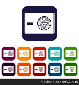 Outdoor compressor of air conditioner icons set vector illustration in flat style In colors red, blue, green and other. Outdoor compressor of air conditioner icons set