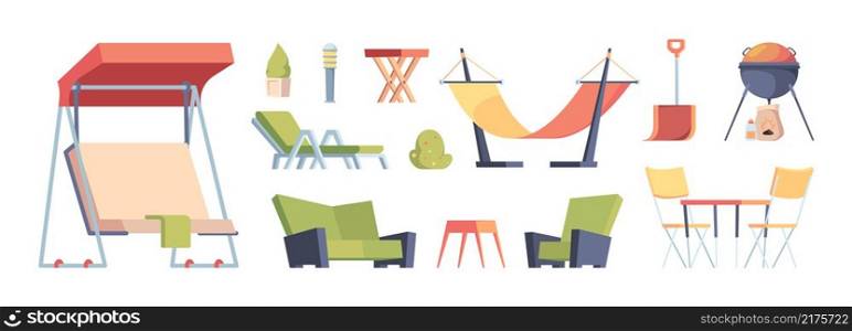 Outdoor decoration. Garden exterior furniture sitting sofa chairs table swing for bbq time relax lifestyle garish vector illustartions in flat style. Relax interior for garden, chair comfortable. Outdoor decoration. Garden exterior furniture sitting sofa chairs table swing for bbq time relax lifestyle garish vector illustartions in flat style