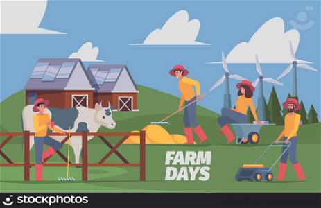 Outdoor farm background. Active farmers working on field garish vector agricultural flat background. Illustration of farmer and agriculture. Outdoor farm background. Active farmers working on field garish vector agricultural flat background
