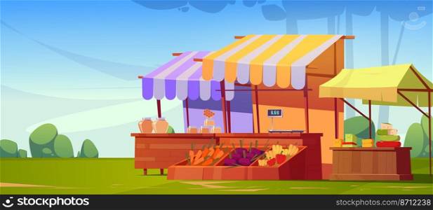 Outdoor farm market stalls, wooden fair booths or kiosks with striped awning and farmer food honey, dairy products and vegetables. Wood vendor counters for street trading, Cartoon vector illustration. Outdoor farm market stalls, wooden fair booths