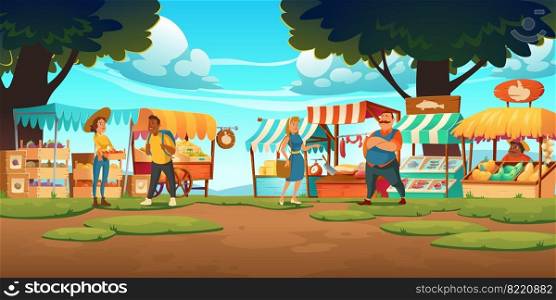 Outdoor farm market with stalls, vendors and clients at summer day. Fair booths, wooden kiosks with ecological products. Counters for street trading, city retail place, cartoon vector illustration. Outdoor farm market stalls, vendors and clients
