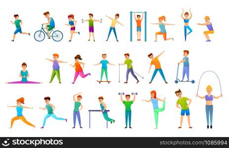 Outdoor fitness icons set. Cartoon set of outdoor fitness vector icons for web design. Outdoor fitness icons set, cartoon style
