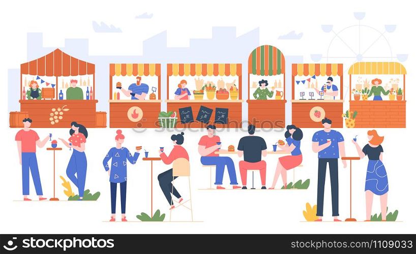 Outdoor food fest. People in fast food cafe, visiting park with family and friends. Characters eating in street cafe, friendly people outdoor recreate vector illustration. City food courts. Wine tent. Outdoor food fest. People in fast food cafe, visiting park with family and friends. Characters eating in street cafe, friendly people outdoor recreate vector illustration. Fruit and vegetable counters
