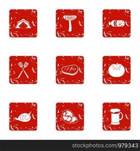 Outdoor food icons set. Grunge set of 9 outdoor food vector icons for web isolated on white background. Outdoor food icons set, grunge style