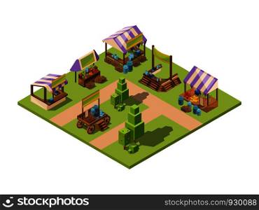 Outdoor food market. Isometric local farm grocery marketplaces with vegetables fruits meat and fish farmers country store vector. Farm market shop, area agriculture grocery store illustration. Outdoor food market. Isometric local farm grocery marketplaces with vegetables fruits meat and fish farmers country store vector