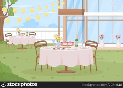 Outdoor formal occasion flat color vector illustration. Wedding day celebration. Birthday party. Summertime backyard partying. 2D simple cartoon landscape with decorations on background. Outdoor formal occasion flat color vector illustration