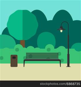 Outdoor furniture and lighting. Outdoor furniture and lighting with park landscape. Summer park illustration.