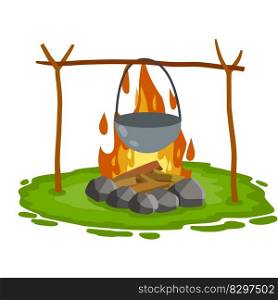 Outdoor Grass, branch and stones. C&lunch. Cartoon flat illustration. Cooking on fire in pot and c&fire