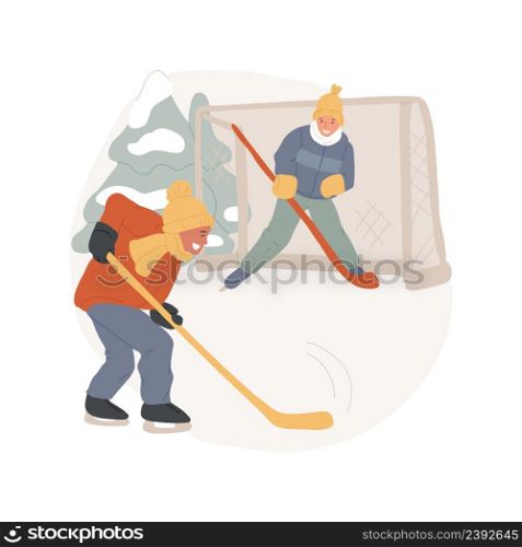 Outdoor hockey isolated cartoon vector illustration Kids in casual clothes on skating rink in a park, playing hockey with friends outdoors, active lifestyle, physical activity vector cartoon.. Outdoor hockey isolated cartoon vector illustration