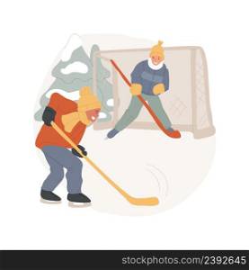 Outdoor hockey isolated cartoon vector illustration Kids in casual clothes on skating rink in a park, playing hockey with friends outdoors, active lifestyle, physical activity vector cartoon.. Outdoor hockey isolated cartoon vector illustration