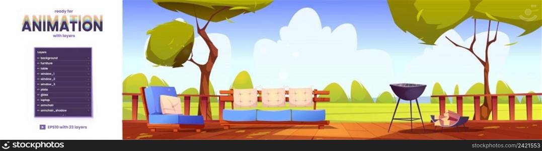 Outdoor home terrace 2d layers ready for game animation. Wooden patio with bbq, logs, sofa and armchair, green trees and lawn view. Area for relaxation parallax background, Cartoon vector illustration. Outdoor home terrace 2d layers for game animation