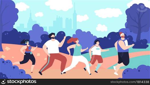 Outdoor jogging characters. Person running, park fitness workout people. Flat man woman run, marathon decent active athletes vector concept. Illustration running activity, health motion jogger. Outdoor jogging characters. Person running, park fitness workout people. Flat man woman run, marathon decent active athletes vector concept
