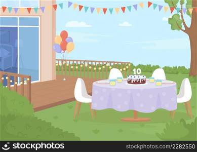 Outdoor kids birthday flat color vector illustration. Ten year old child. Birthday cake and helium balloons. Summertime event. 2D simple cartoon landscape with decorated backyard on background. Outdoor kids birthday flat color vector illustration