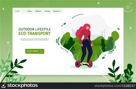 Outdoor Lifestyle Landing Page and Eco Transport Promotion. Cartoon Flat Young Woman Character Using Gyroscooter for Transportation in City or Park. Vector Healthy Way Illustration with Foliage Design. Outdoor Lifestyle Landing Page and Eco Transport