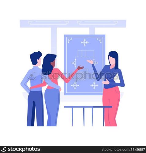 Outdoor lighting plan development isolated concept vector illustration. Couple discussing outdoor lighting plan with landscape designer, residential construction, exterior works vector concept.. Outdoor lighting plan development isolated concept vector illustration.