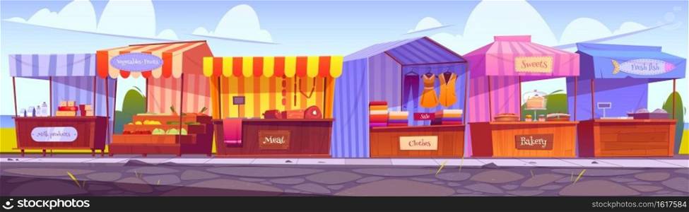 Outdoor market stalls, fair booths, wooden kiosks with striped awning, clothes and food products. Wood vendor counters with sunshade for street trading, city retail places, cartoon vector illustration. Outdoor market stalls, fair booths, wooden kiosks