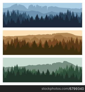 Outdoor mountain landscape banners. Outdoor rocky landscape background with forest and mountains. Vector mountain peaks and trees panorama banners