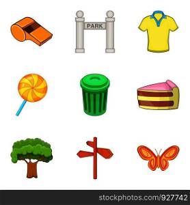 Outdoor park recreation icon set. Cartoon set of 9 outdoor park recreation vector icons for web design isolated on white background. Outdoor park recreation icon set, cartoon style