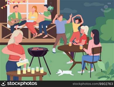 Outdoor party with friends flat color vector illustration. Summer near home activites. Making barbeque. Singing songs and dancing. Friendship 2D cartoon characters with house on background. Outdoor party with friends flat color vector illustration