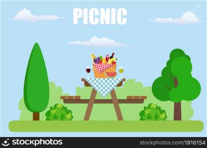 Outdoor picnic in park Table covered with tartan cloth. Picnic basket filled with food on the chair. Vector illustration in flat style. Outdoor picnic in park