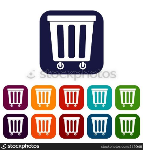Outdoor plastic trash can icons set vector illustration in flat style In colors red, blue, green and other. Outdoor plastic trash can icons set flat