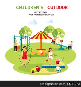 Outdoor Playground Flat Illustration. Color flat illustration with title and tagline of outdoor playground for children with sandbox seesaw and toy vector illustration