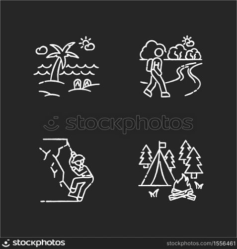 Outdoor recreation chalk white icons set on black background. Active rest and natural tourism. Summer seaside resort, hiking mountaineering and camping. Isolated vector chalkboard illustrations. Outdoor recreation chalk white icons set on black background