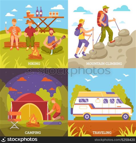 Outdoor Recreation Compositions Set. Camping hiking design concept with four square outdoor compositions motorhome tent campfire and faceless people characters vector illustration