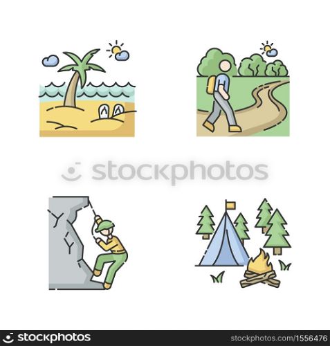 Outdoor recreation RGB color icons set. Active rest and natural tourism. Summer seaside resort, hiking mountaineering and camping. Isolated vector illustrations. Outdoor recreation RGB color icons set