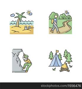 Outdoor recreation RGB color icons set. Active rest and natural tourism. Summer seaside resort, hiking mountaineering and camping. Isolated vector illustrations. Outdoor recreation RGB color icons set