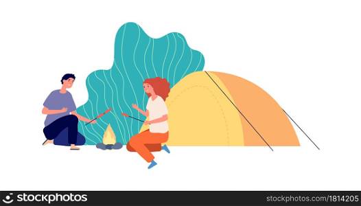 Outdoor relax. Hiking, eco tourism camping. Couple with tent and fire cooking sausages. Happy travellers vector characters. Illustration tourism outdoor, adventure camp and travel. Outdoor relax. Hiking, eco tourism camping. Couple with tent and fire cooking sausages. Happy travellers vector characters