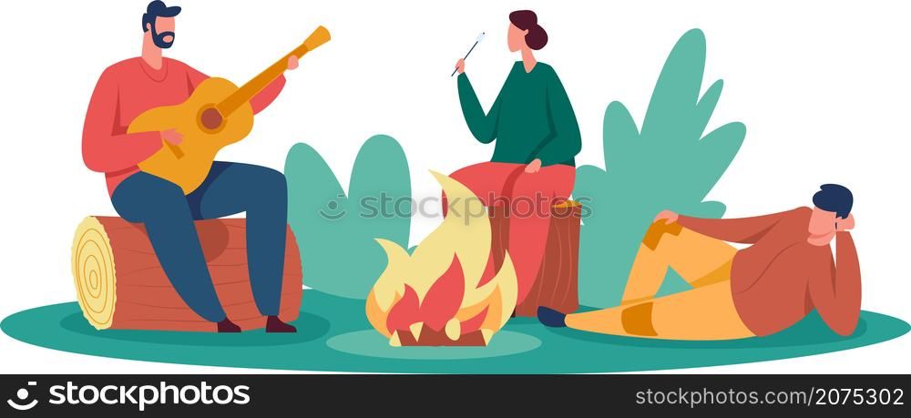 Outdoor rest people near campfire with guitar. Vector summer vacation and campfire, nature outdoor rest illustration. Outdoor rest people near campfire with guitar