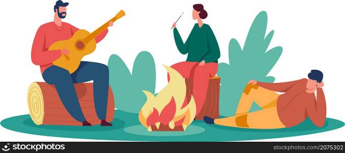 Outdoor rest people near campfire with guitar. Vector summer vacation and campfire, nature outdoor rest illustration. Outdoor rest people near campfire with guitar