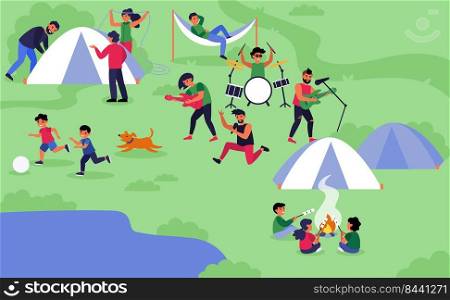 Outdoor rock festival. Musicians, tourists, c&ing, landscape flat vector illustration. Event, show, entertainment concept for banner, website design or landing web page
