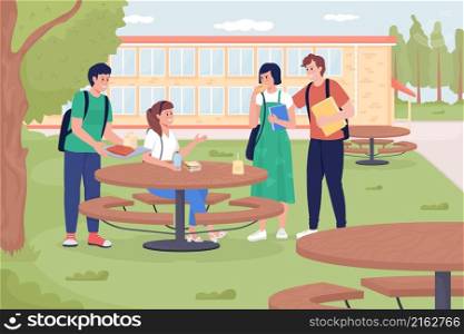 Outdoor school dining flat color vector illustration. Friends eat together. Backyard space for eating. Student meeting for lunch time 2D cartoon characters with college outside on background. Outdoor school dining flat color vector illustration