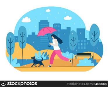 Outdoor season background. Active people walking ini raincoat with umbrella fall rain in city recent vector illustration in flat style. Illustration of weather outdoor, walking rainy. Outdoor season background. Active people walking ini raincoat with umbrella fall rain in city recent vector illustration in flat style