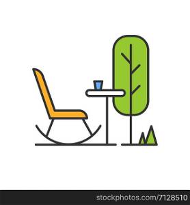 Outdoor space color icon. Rocking chair with table in garden. Patio furniture. Terrace outdoor furnishing for outside relax and leisure. Isolated vector illustration