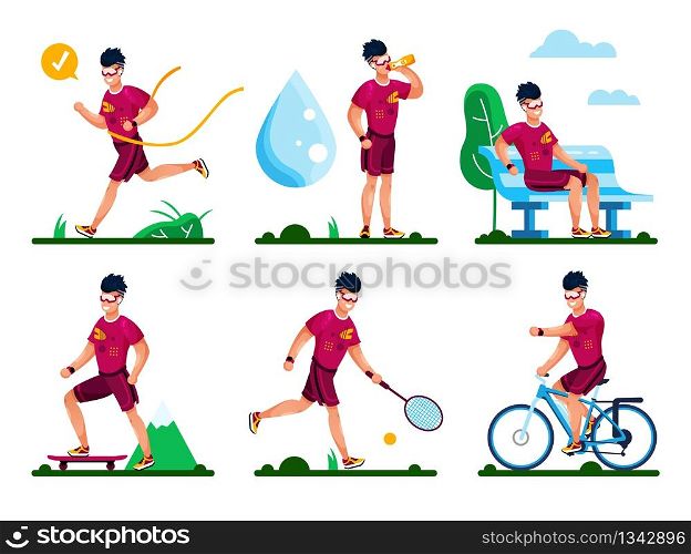 Outdoor Sports, Healthy Lifestyle Activities, Summer Active Recreation Types Trendy Flat Vector Concepts Set. Young Man Character in Sportswear, Jogging, Skating, Biking, Playing Tennis Illustrations
