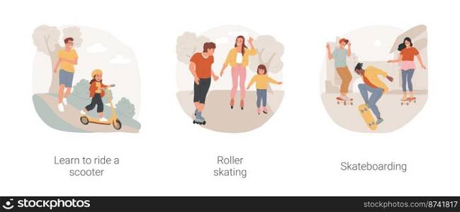 Outdoor sports isolated cartoon vector illustration set. Learn to ride a scooter, child wearing helmet, family roller skating together, young teen practice skateboarding in park vector cartoon.. Outdoor sports isolated cartoon vector illustration set.