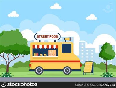 Outdoor Street and Food Truck Serving Fast Food such as Pizza, Burger, Hot Dog or Tacos in Flat Cartoon Background Poster Illustration