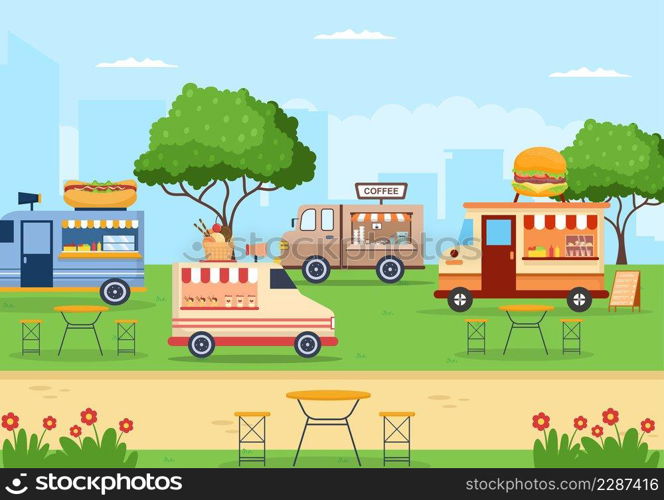 Outdoor Street and Food Truck Serving Fast Food such as Pizza, Burger, Hot Dog or Tacos in Flat Cartoon Background Poster Illustration