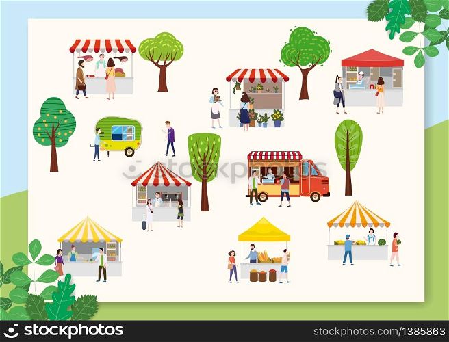 Outdoor street food festival with people walking between vans or caterers. Outdoor street food festival with people walking between vans or caterers, canopy, buying meals, eating and drinking, taking selfie, talking to each other. Template, flyer, baner, invitation, card poster. Cartoon flat colorful vector illustration