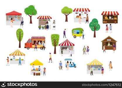 Outdoor street food festival with tiny people walking between vans or caterers, canopy, buying meals, eating and drinking, taking selfie, talking to each other. Outdoor street food festival with tiny people walking between vans or caterers, canopy, buying meals, eating and drinking, taking selfie, talking to each other. Loving couples, single, sellers, buyers. Template, flyer, baner, invitation, card poster. Trend graphic style, Flat cartoon, isolated, vector, illustration