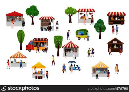 Outdoor street food festival with tiny people walking between vans or caterers, canopy, buying meals, eating and drinking, taking selfie, talking to each other. Outdoor street food festival with tiny people walking between vans or caterers, canopy, buying meals, eating and drinking, taking selfie, talking to each other. Loving couples, single, sellers, buyers. Template, flyer, baner, invitation, card poster. Trend graphic style, Flat cartoon, isolated, vector, illustration