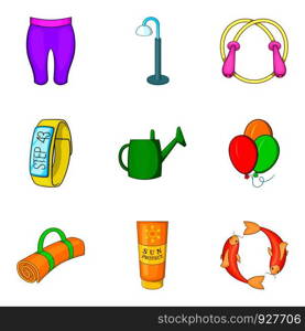 Outdoor summer sport icon set. Cartoon set of 9 outdoor summer sport vector icons for web design isolated on white background. Outdoor summer sport icon set, cartoon style