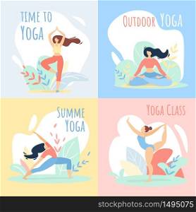 Outdoor Summer Time Yoga Class Sport Activities Banners Set. Women Doing Sports Exercise, Fitness, Workout in Different Poses, Stretching, Healthy Lifestyle, Leisure. Cartoon Flat Vector Illustration. Outdoor Summer Time Yoga Class Sport Banners Set